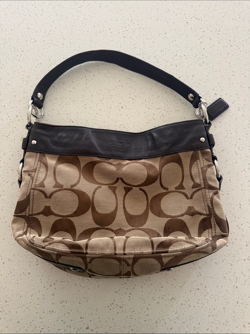 Coach Brown Signature Canvas Shoulder Bag with Dark Brown Trim
